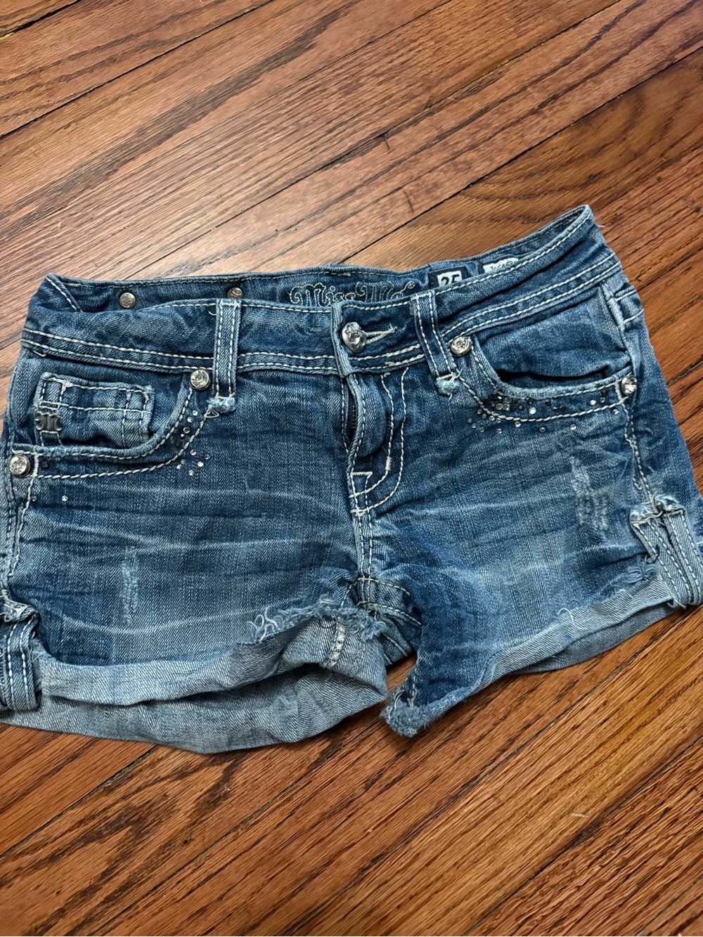 Miss Me Blue Distressed Denim Shorts with Rhinestone Accents